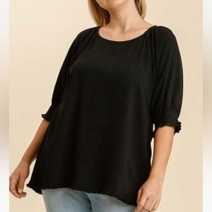 NWT UMGEE Black Frayed-Hem Linen blend Ballon Sleeve Top Size XL